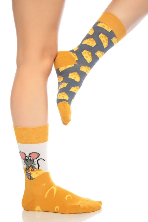 Fare Peynir Desenli Renkli Soket Çorap - 4