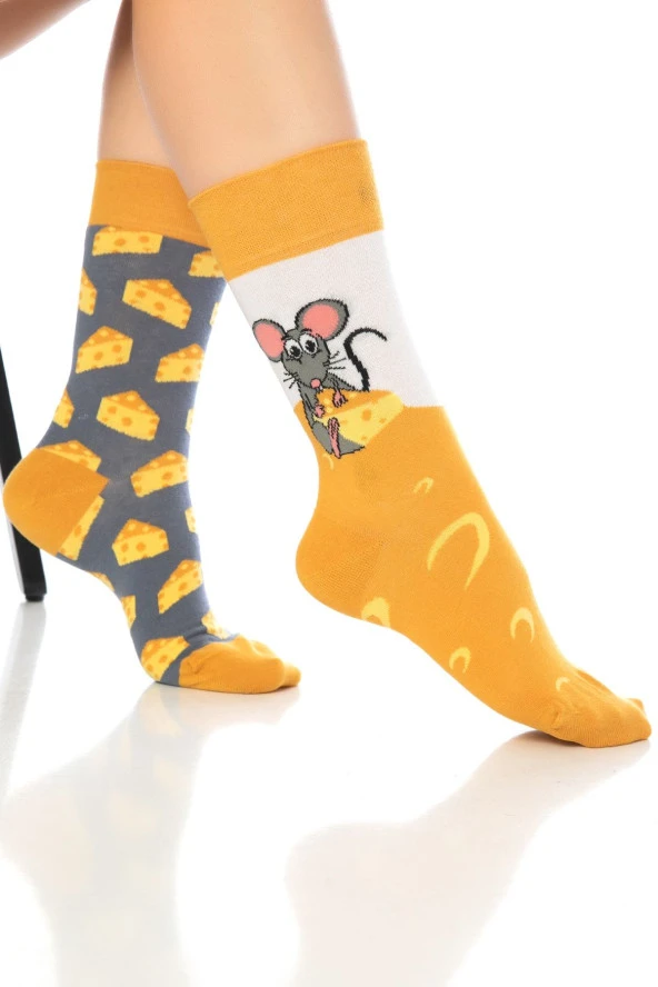 Fare Peynir Desenli Renkli Soket Çorap - 5