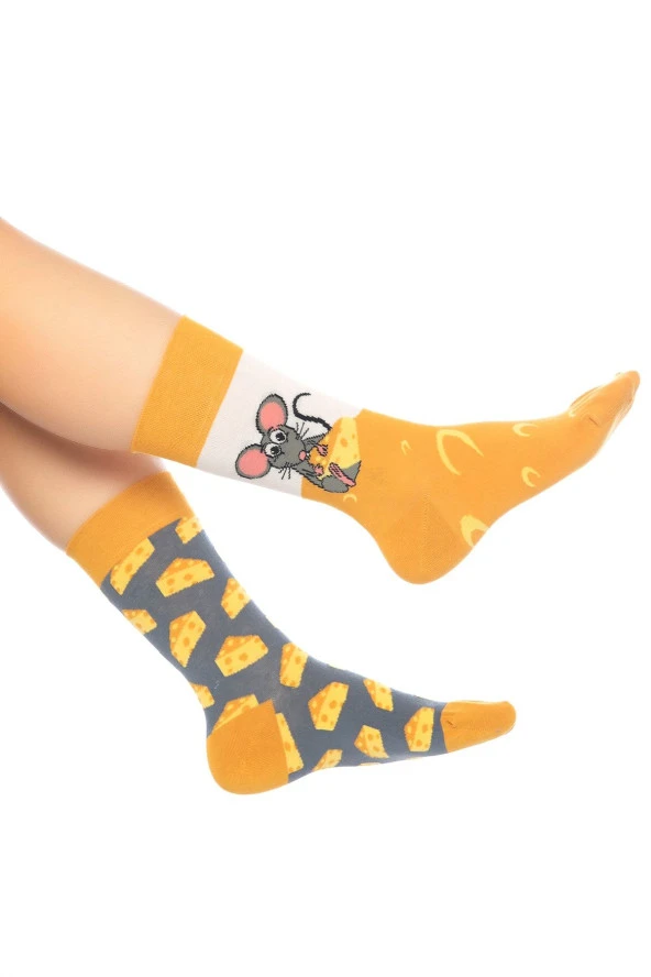 Fare Peynir Desenli Renkli Soket Çorap - 6