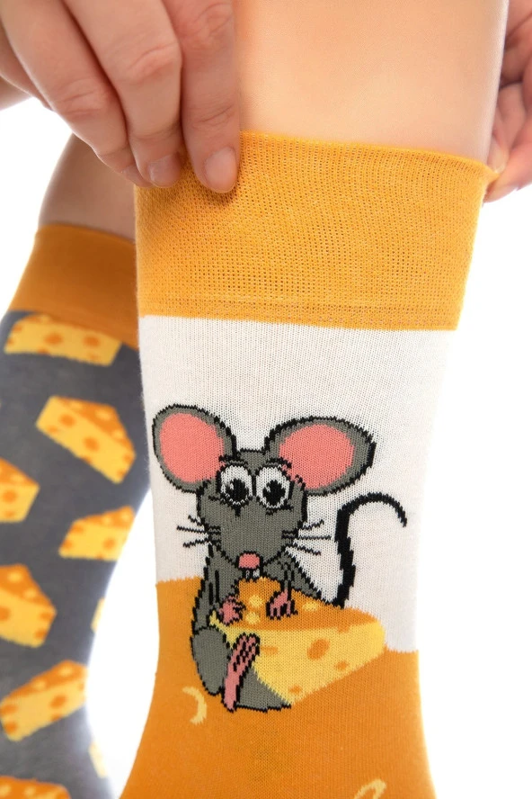 Fare Peynir Desenli Renkli Soket Çorap - 7