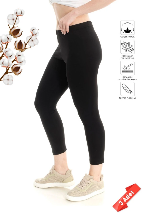 Premium Siyah Renk Pamuk Yüksek Bel Tayt Tekli Paket