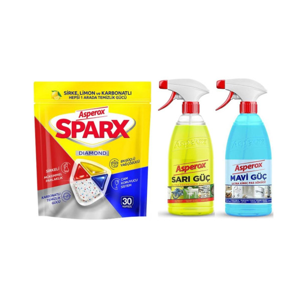 Asperox 3'lü Set-(Bulaşık Makinesi Tableti 30 Kapsül +Mavi Güç 1000 ml + Sarı Güç 1000 Ml)