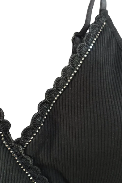 Kadın İp Askılı V Yaka Taşlı Kaşkorse Crop 6437 - 8