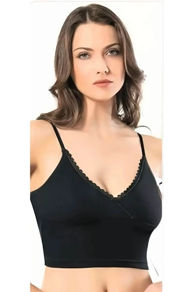 Kadın İp Askılı V Yaka Taşlı Kaşkorse Crop 6437 - 2