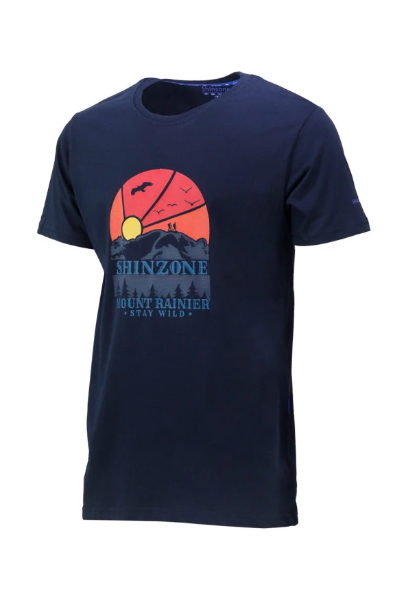 Erkek Bisiklet Yaka Standart Fit Göğüs Baskılı Lacivert T-Shirt