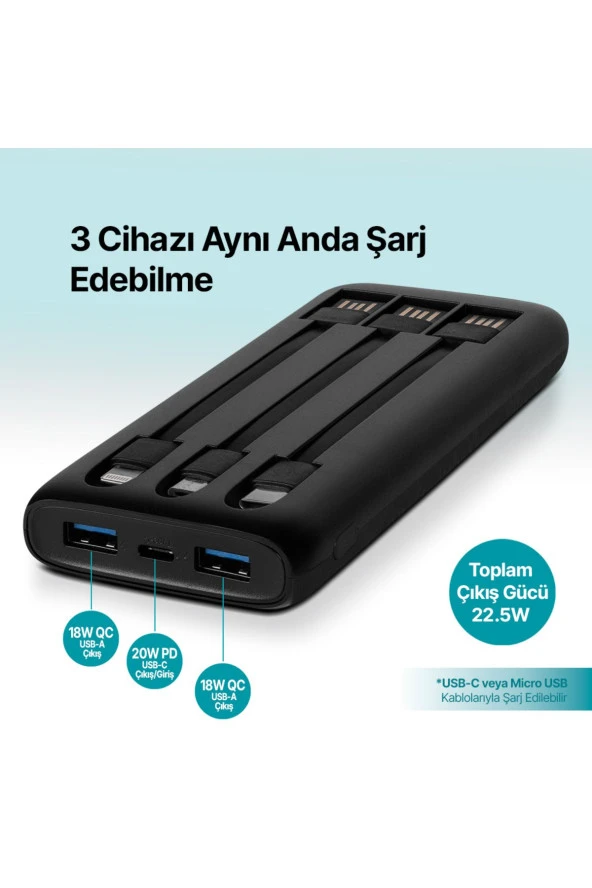 Ttec 2BB202S PowerSlim Trio LCD 10.000 mAh PD 22,5W Dahili Kablolu Taşınabilir Şarj Aleti / Powerbank - 4