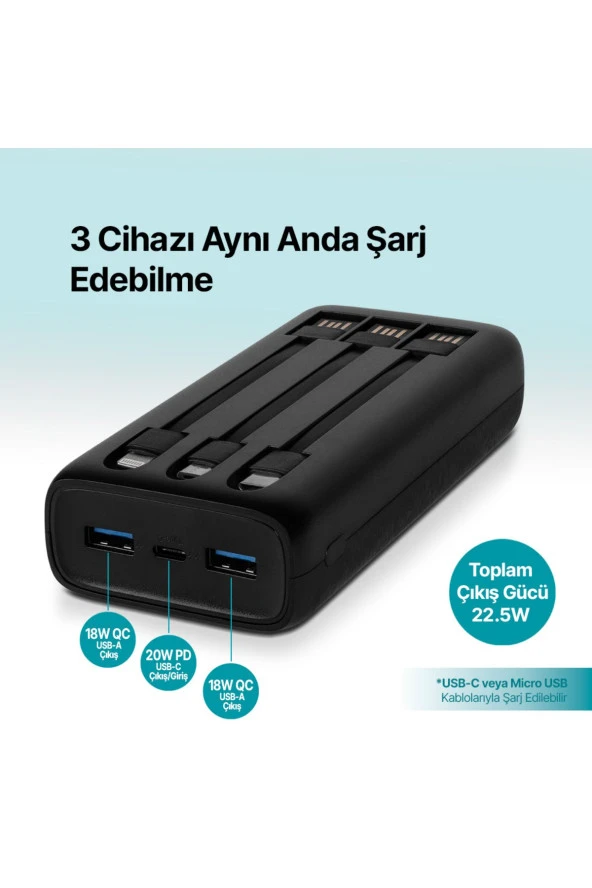 Ttec PowerSlim Trio LCD 20.000mAh PD 22,5W Dahili Kablolu Taşınabilir Şarj Aleti / Powerbank - 4