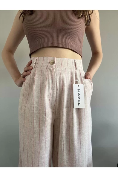 Kadın Pembe Çizgili Yüksek Bel Keten Palazzo Pantolon - 2