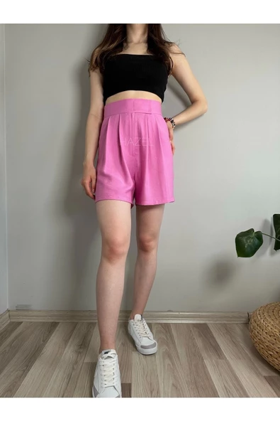 Kadın Pembe Yüksek Bel Cırtlı Keten Şort