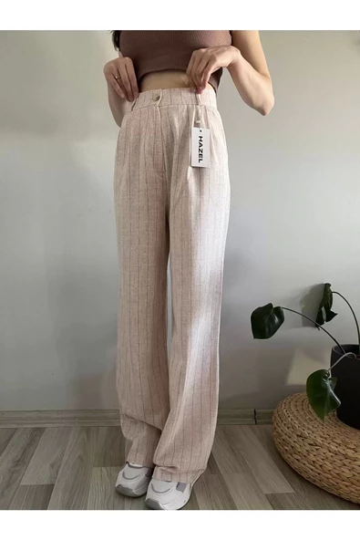 Kadın Pembe Çizgili Yüksek Bel Keten Palazzo Pantolon - 3