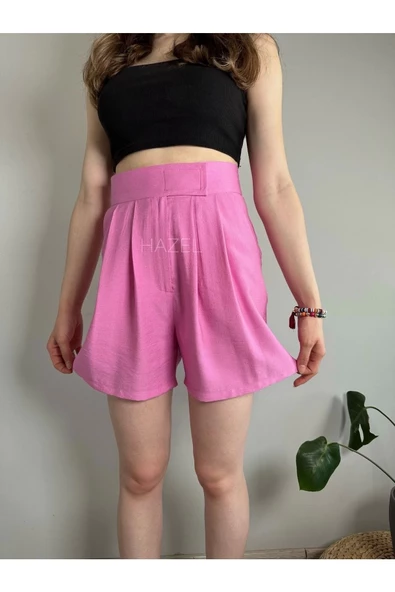 Kadın Pembe Yüksek Bel Cırtlı Keten Şort - 2