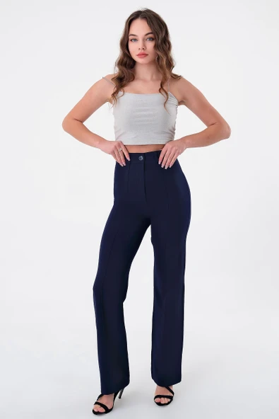 Kadın Lacivert Yüksek Bel Çimalı Palazzo Pantolon