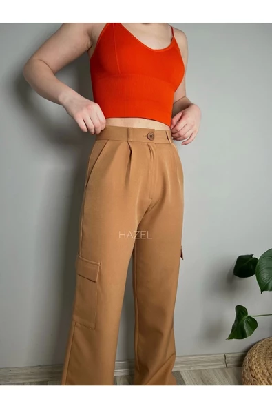 Kadın Camel Yüksek Bel Kargo Cepli Pantolon - 2