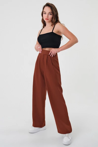 Kadın Kahverengi Yüksek Bel Cırtlı Palazzo Pantolon - 2