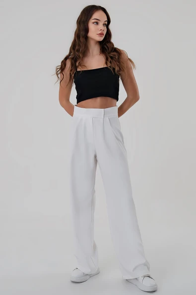 Kadın Beyaz Yüksek Bel Cırtlı Palazzo Pantolon - 3