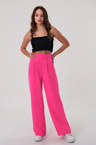 Kadın Fuşya Yüksek Bel Cırtlı Palazzo Pantolon - 2
