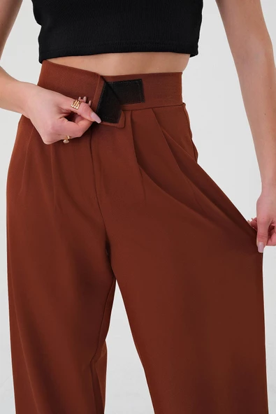 Kadın Kahverengi Yüksek Bel Cırtlı Palazzo Pantolon - 3