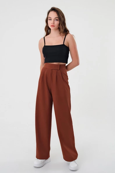 Kadın Kahverengi Yüksek Bel Cırtlı Palazzo Pantolon