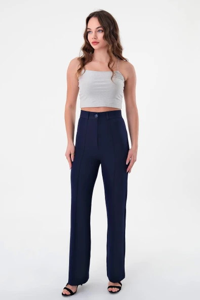 Kadın Lacivert Yüksek Bel Çimalı Palazzo Pantolon - 2