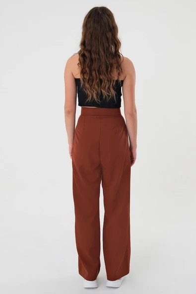 Kadın Kahverengi Yüksek Bel Cırtlı Palazzo Pantolon - 5