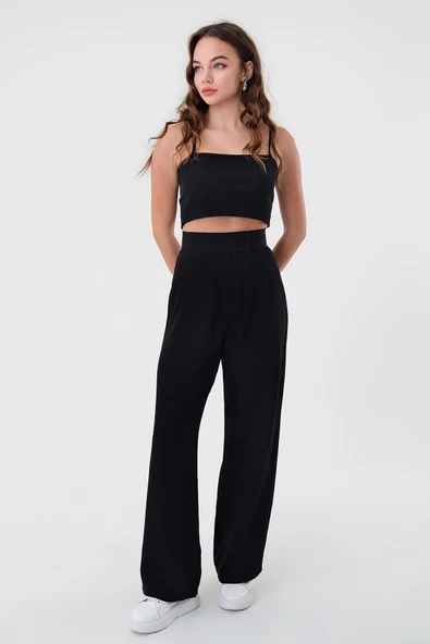 Kadın Siyah Yüksek Bel Cırtlı Palazzo Pantolon - 2