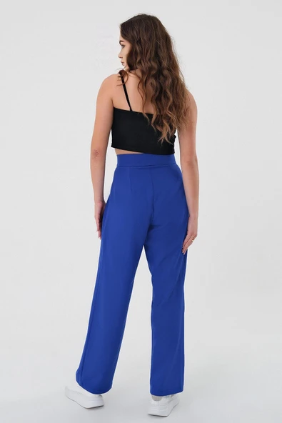 Kadın Saks Mavi Yüksek Bel Cırtlı Palazzo Pantolon - 5