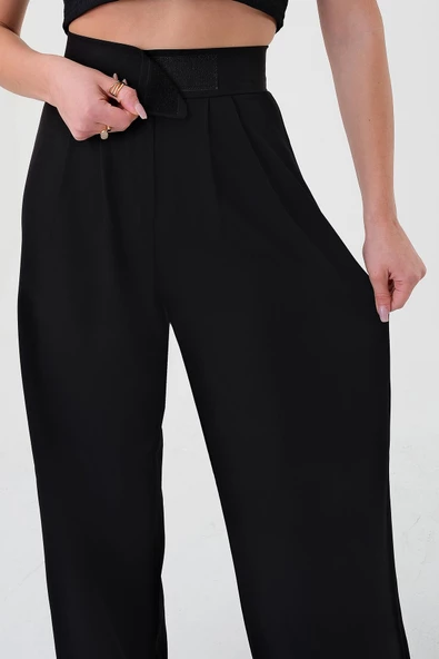 Kadın Siyah Yüksek Bel Cırtlı Palazzo Pantolon - 4
