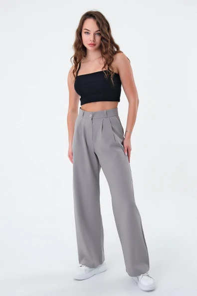Kadın Gri Yüksek Bel Palazzo Pantolon ürün görseli 1