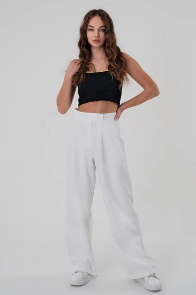 Kadın Beyaz Yüksek Bel Cırtlı Palazzo Pantolon - 4