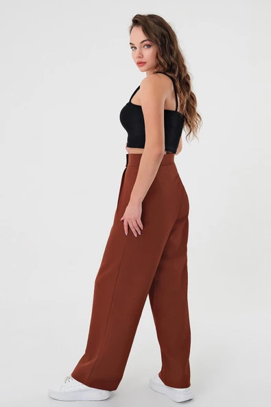 Kadın Kahverengi Yüksek Bel Cırtlı Palazzo Pantolon - 4