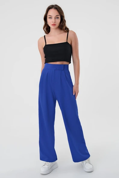 Kadın Saks Mavi Yüksek Bel Cırtlı Palazzo Pantolon