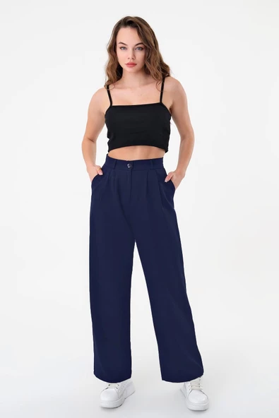 Kadın Lacivert Yüksek Bel Palazzo Pantolon - 4