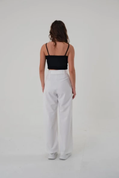 Kadın Beyaz Yüksek Bel Palazzo Pantolon - 5
