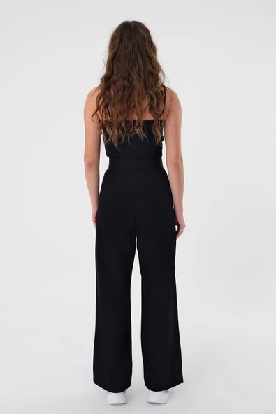 Kadın Siyah Yüksek Bel Cırtlı Palazzo Pantolon - 5