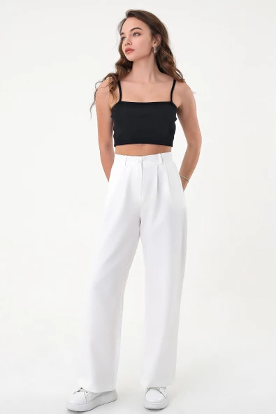Kadın Beyaz Yüksek Bel Palazzo Pantolon - 3
