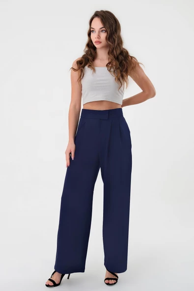 Kadın Lacivert Yüksek Bel Cırtlı Palazzo Pantolon - 2