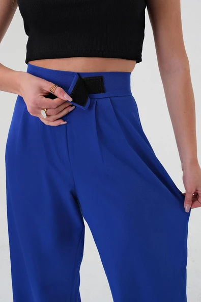 Kadın Saks Mavi Yüksek Bel Cırtlı Palazzo Pantolon - 4