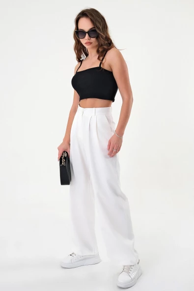 Kadın Beyaz Yüksek Bel Palazzo Pantolon - 2