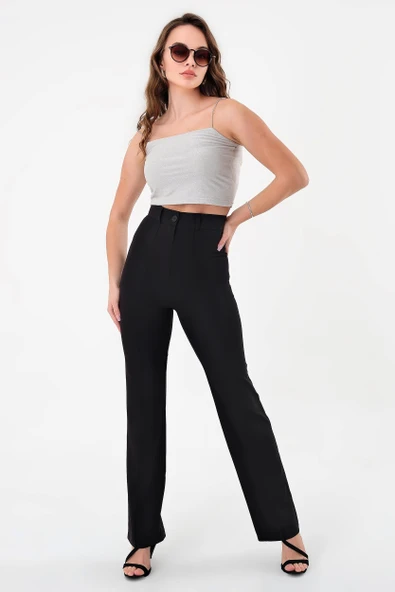 Kadın Siyah Yüksek Bel Çimalı Palazzo Pantolon - 4