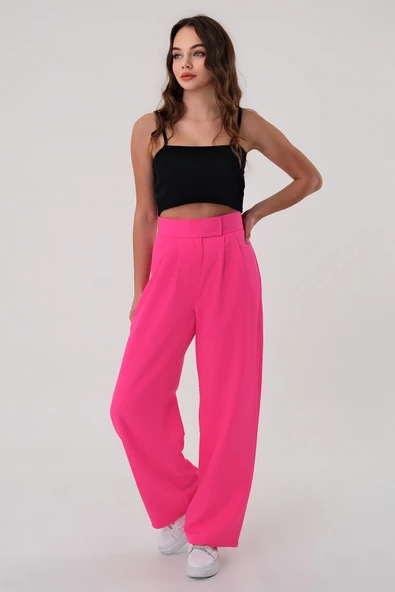 Kadın Fuşya Yüksek Bel Cırtlı Palazzo Pantolon - 3