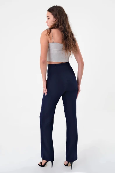 Kadın Lacivert Yüksek Bel Çimalı Palazzo Pantolon - 4
