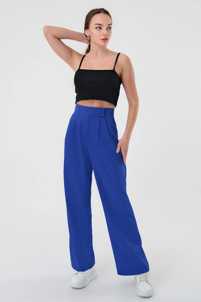 Kadın Saks Mavi Yüksek Bel Cırtlı Palazzo Pantolon - 3