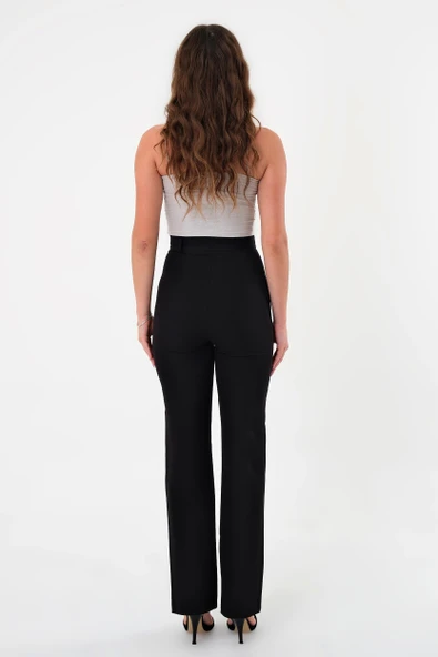 Kadın Siyah Yüksek Bel Çimalı Palazzo Pantolon - 5