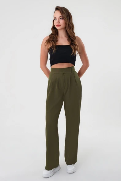 Kadın Haki Yüksek Bel Cırtlı Palazzo Pantolon - 2