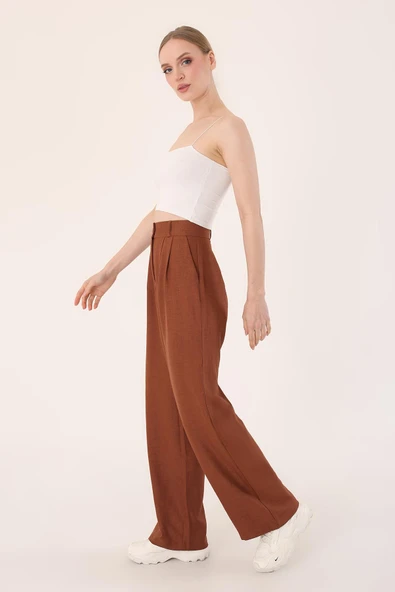 Kadın Kahverengi Yüksek Bel Keten Palazzo Pantolon - 2