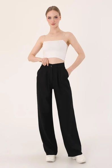 Kadın Siyah Yüksek Bel Keten Palazzo Pantolon
