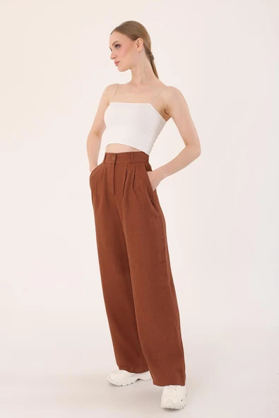Kadın Kahverengi Yüksek Bel Keten Palazzo Pantolon