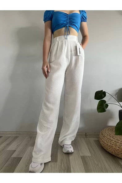 Kadın Beyaz Yüksek Bel Keten Palazzo Pantolon - 6