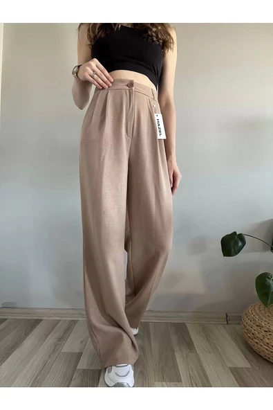 Kadın Vizon Yüksek Bel Keten Palazzo Pantolon - 2