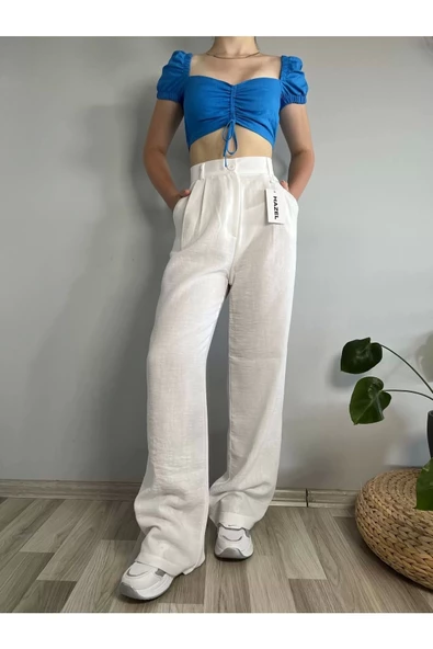 Kadın Beyaz Yüksek Bel Keten Palazzo Pantolon